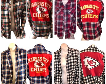 KANSAS CITY CHIEFS Football Flannel Shirt rock band button custom grunge punk goth concert custom distressed reworked repurposed