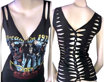 AEROSMITH DREAM ON Benutzerdefiniertes T-Shirt-Oberteil, geschnitten, beunruhigt, kalte Schulter, Tank-Neckholder, umgemodelte Vintage-Konzertband-Festival-Saaks