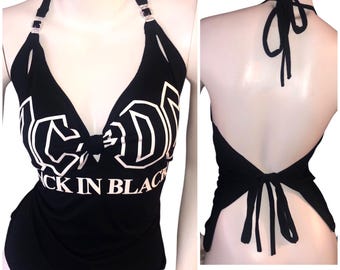AC/DC Acdc HALTER  cut up Tshirt Vintage Distressed shredded cut up re-vamped up-cycled sexy re-purposed band concert