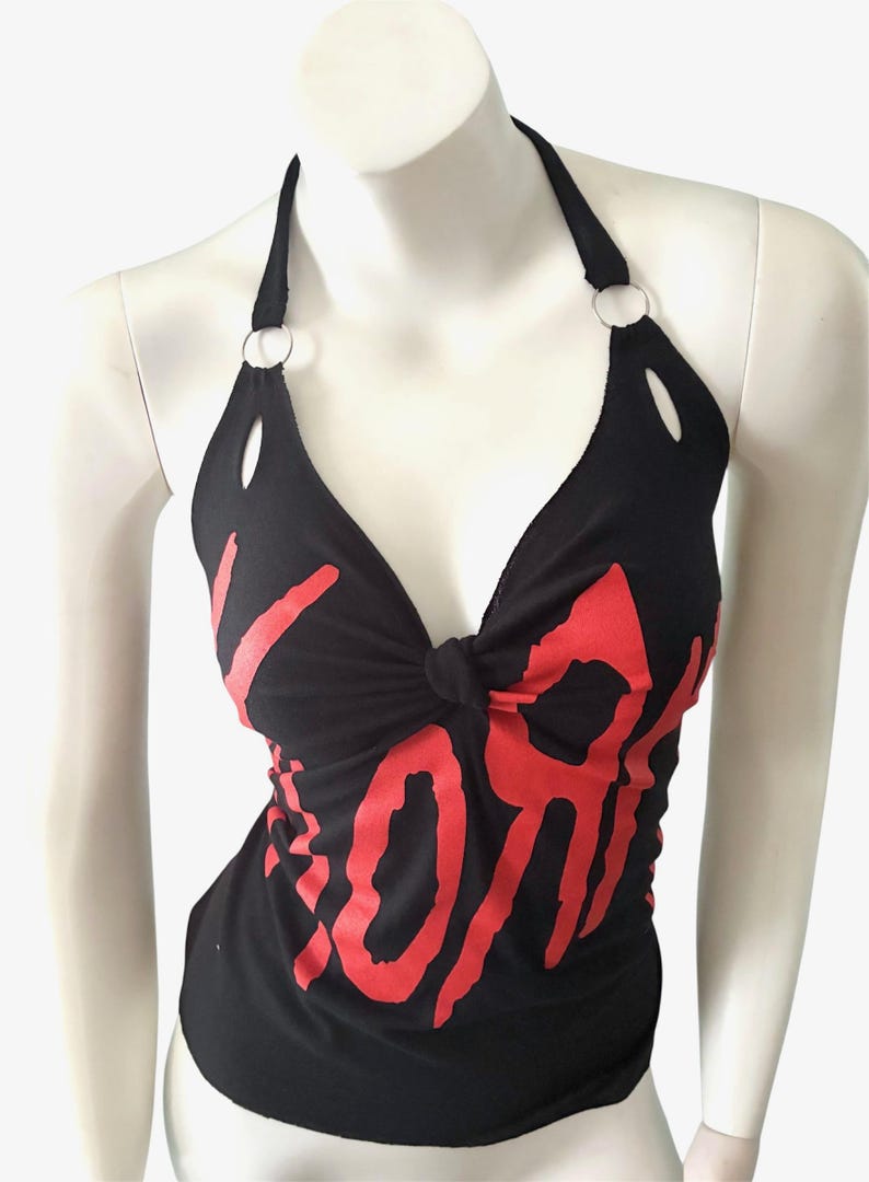 KORN Neckholder T-Shirt Top Metal Rock Punk Goth Konzert Upcycled überarbeiteter zweckentfremdeter Schnitt shredded Festival Distressed Shirt Bild 4