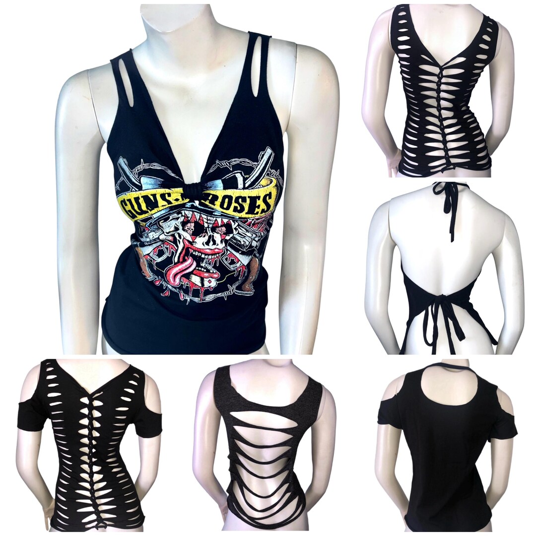 GUNS N ROSES Cut Weave Back Rock T-shirt Top Custom Shredded