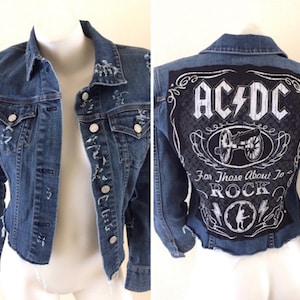 ACDC PATCH Jean Jacket custom distressed denim upcycled reworked reconstructed cut shredded repurposed Artwear concert festival rock punk