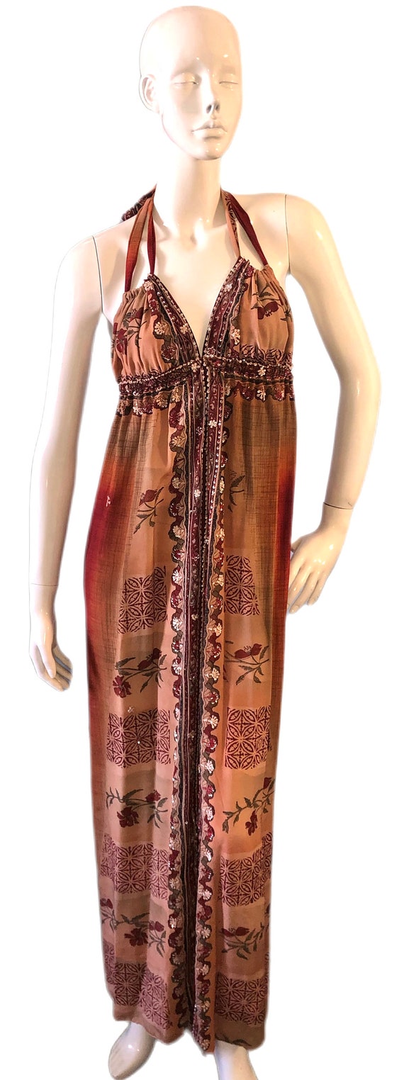 floral beaded maxi dress Pink Strapless Multi-Colored Floral Beaded Appliqué Long Dress