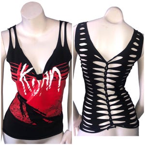 KORN T-shirt Top cut up distressed cold shoulder tank re-vamped up-cycled vintage concert band festival shirt