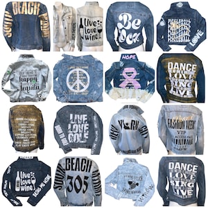 May include: Collection of denim jackets with various designs and text. Some jackets feature phrases like "BEACH," "Live Love Wine," and "Fashion Week." The jackets are in shades of blue and have different graphic elements.