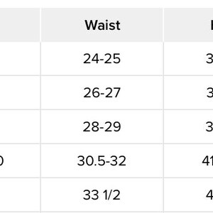 May include: A size chart with measurements for bust, waist, and hips in inches. Sizes range from XS to XL, with corresponding US/CAN sizes. The chart is on a white background with black text.
