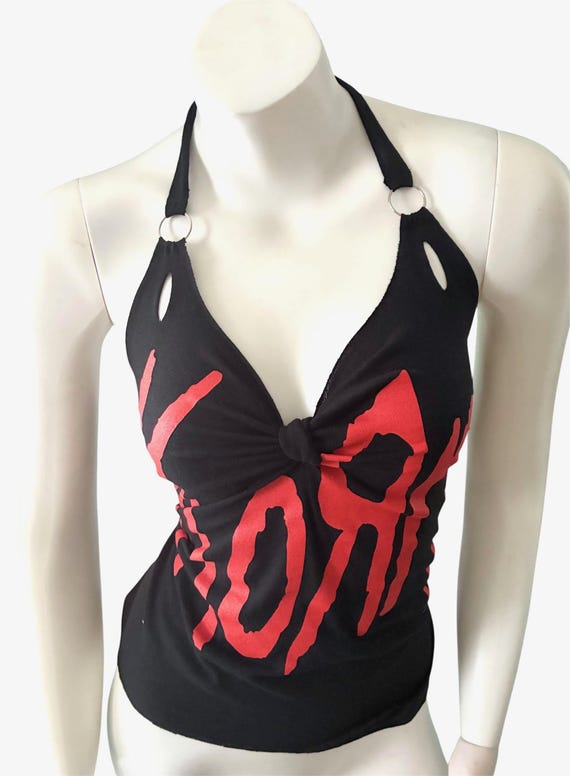 KORN T-shirt HALTER Top cut up distressed re-vamped up-cycled vintage concert metal band festival concert t- shirt