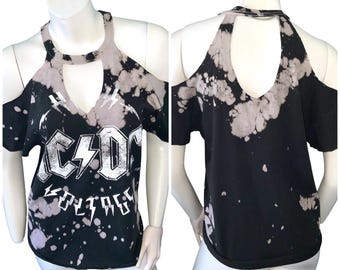 ACDC Cut Up Tie Dye Kalte Schulter Ärmel einzigartige seltene sexy benutzerdefinierte Distressed Upcycled re-vamped shredded High-End-T-Shirt-Oberteil