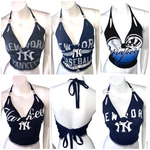 N.Y YANKEES CUSTOM T-Shirt Halter Top New York, Made to Order, One of a Kind, bling, rhinestone, sexy, cut up up-cycled re-vamped luxury top