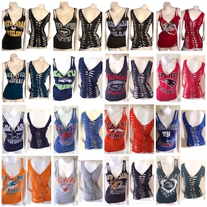 FOOTBALL CUSTOM Made To Order Cut Weave Back Tank Top T-Shirt sexy, zerschnitten, Delfine, Niners, Raiders, Widder, Steelers, Wikinger
