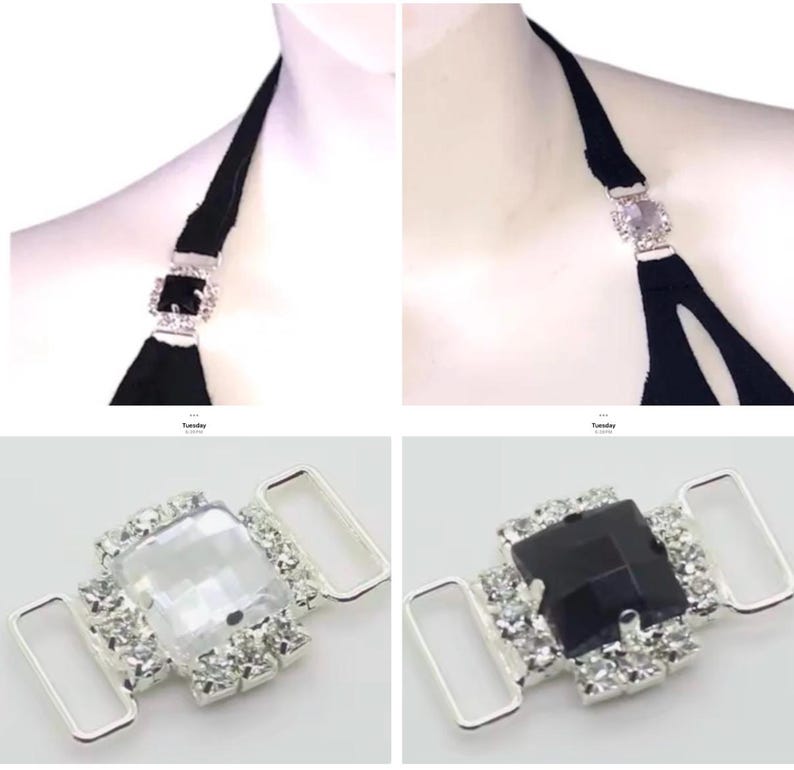 May include: Close-up of a black halter top with a decorative rhinestone buckle. The buckle is square-shaped with a large central stone and surrounded by smaller clear rhinestones. The buckle is silver-toned.