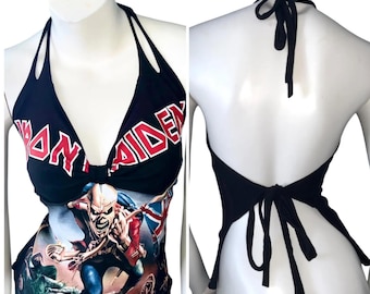 IRON MAIDEN Neckholder T-Shirt Top Heavy Metal Rock n Roll zerschnitten re-vamped up-cycled Konzert Musik Festival sexy Custom T-Shirt Top