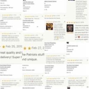 May include: A collection of customer reviews displayed on a light yellow background. The reviews feature text and star ratings. Phrases like "amazing quality" and "the Patriots stuff is unique" are visible.