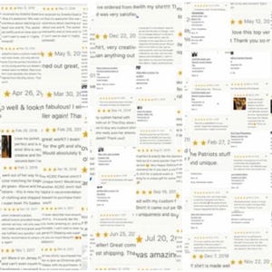 May include: A collection of customer reviews, displayed on a white background. The image shows text and star ratings, with dates and comments. The reviews indicate positive feedback and customer satisfaction with the products.