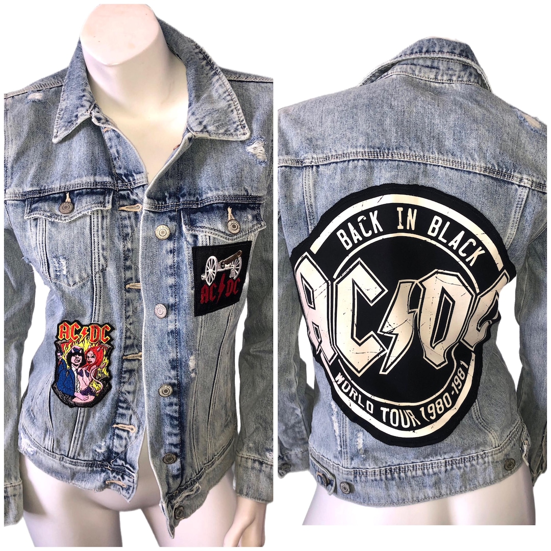 ACDC PATCH Jean Jacket Custom Distressed Denim Upcycled Reworked ...