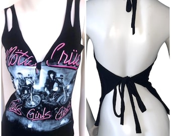 MOTLEY CRUE,  Girls Custom Cut  Tshirt Top Shredded custom distressed up-cycled re-cycled re-vamped sexy cold shoulder tank halter