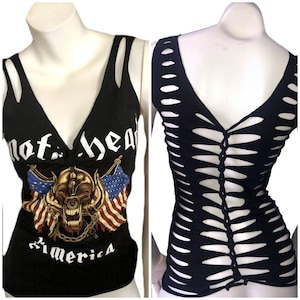 MOTOR HEAD  Cut Weave Back T-shirt Top Concert festival metal band cut shredded sexy revamped upcycled custom shirt