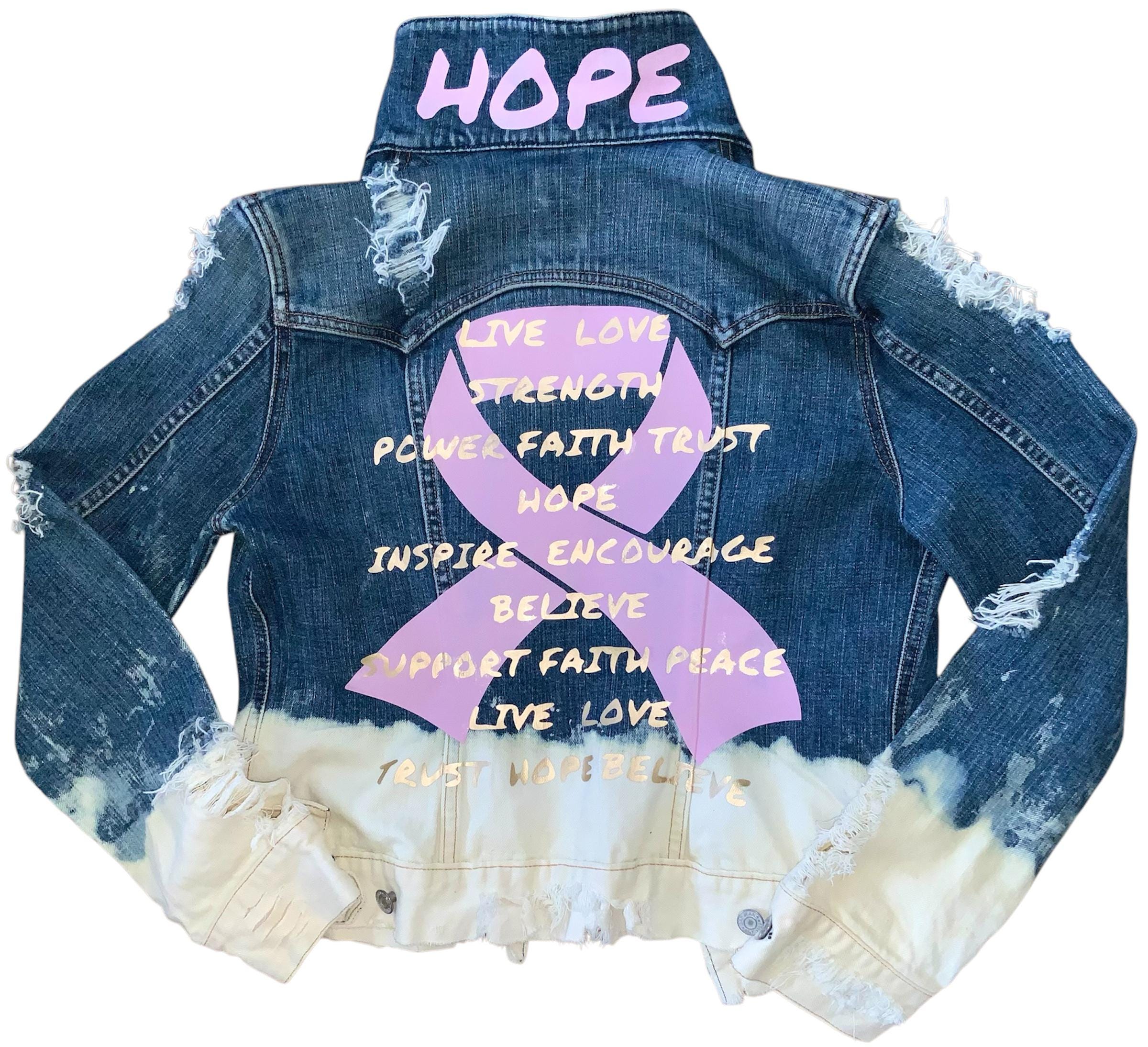 HOPE JEAN JACKET Breast Cancer Fight Hope Faith Courage Encourage Inspire Trust Believe Love positive vibe aspiration distressed denim