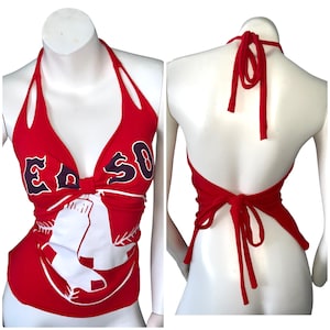 BOSTON RED SOX T-Shirt Halter Top Baseball sexy, cut up, shredded, distressed, up-cycled, re-vamped, distressed, tee top,