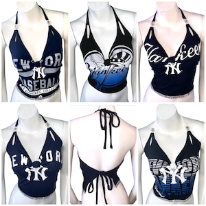 N.Y YANKEES T-Shirt HalterNew York, Made to Order, CUSTOM One of a Kind, bling, rhinestone, sexy, cut up, up-cycled, re-vamped, luxury Top