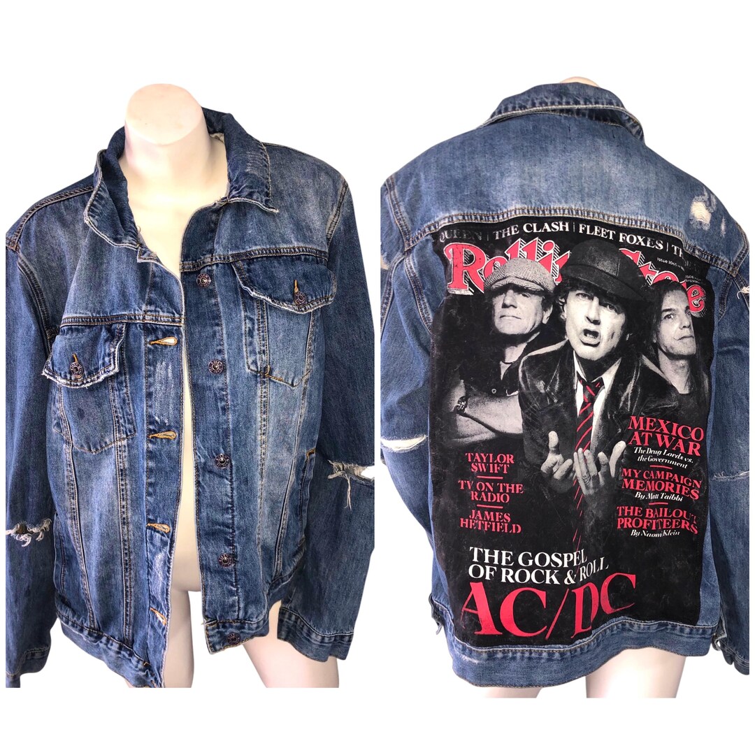 ACDC PATCH Rock Band Jean Jacket Custom Distressed Denim Upcycled ...