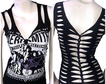 AEROSMITH Custom T-Shirt Top-Cut-Up-Cut-Up Distressed kalte Schulter Tank Neckholder überarbeitet up-cycled Vintage-Konzertband Festival Saaks