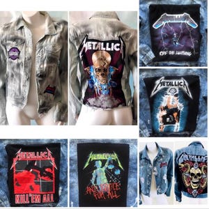Puede incluir: Seis chaquetas vaqueras con diferentes parches de la banda Metallica. Los parches presentan varias portadas de álbumes y logotipos, incluyendo "Ride the Lightning", "Kill 'Em All" y "...And Justice for All".