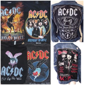 ACDC Patch Rock Band Jean Jacket zrobiony na zamówienie z denimu poddanego recyklingowi, przerobionego, zrekonstruowanego, pociętego, postrzępionego, wykorzystanego ponownie, koncert, festiwal AC/DC