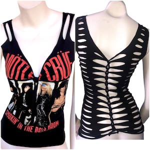 MOTLEY CRUE SMOKIN Cut Weave Back Tshirt Tank Top shredded distressed sexy cut up re-vamped up-cycled custom sexy cold shoulder tank