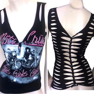 MOTLEY CRUE  Cut Weave Back Tshirt Tank Top shredded distressed sexy cut up re-vamped up-cycled custom sexy cold shoulder tank