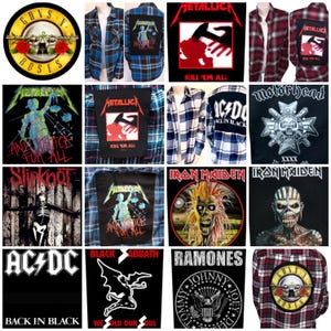 May include: A collection of flannel shirts featuring various rock band patches on the back, including Metallica, AC/DC, Iron Maiden, Guns N' Roses, Slipknot, Black Sabbath, Motorhead, and Ramones, with graphic prints and band logos displayed.