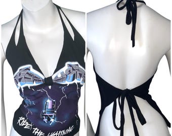 METALLICA Band HALTER Tshirt Top concert muziekfestival op maat gesneden versnipperd verontrust up-cycled vernieuwde sexy halter Metallica band top