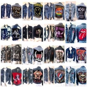 May include: Collection of denim jackets with various band patches, including Pink Floyd, Nirvana, Led Zeppelin, and AC/DC. The jackets are in various shades of blue, with patches featuring band logos and album art.