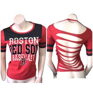 BOSTON RED SOX Size S T-Shirt Cut Back Top Baseball sexy, cut up, shredded, distressed, up-cycled, re-vamped, distressed, tee top,