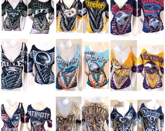 FOOTBALL CUSTOM Made To Order Cold Shoulder Cut Weave T-shirt sexy, cut up, shredded Chiefs, Bills, Eagles raiders, rams,  Steelers, Vikings