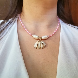 Rosa Seed Bead Shell Anhänger: Süßwasserperle, Gold Edelstahl