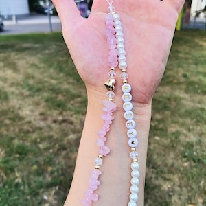 Rose Quartz Gemstone Phone Strap, Pearl Phone Strap Chain, Personalized Phone Chain, Gemstone Accessory, Gift For Her, Phone Decor Gift