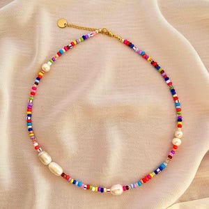 Multicolor Bead and Pearl Necklace, Statement Necklace, Beaded Jewelry, Pearl Pendant, Colorful Necklace, Gift for Her