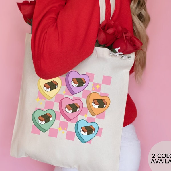 Spam Musubi Conversation Heart Candy Cotton Canvas Bag, Valentines Tote Bag, Retro Checkered Bag, Valentines Hearts Bag, Hawaii Valentine