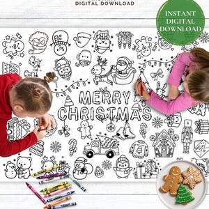 May include: A black and white coloring page with a "Merry Christmas" theme, featuring various holiday illustrations like Santa, reindeer, and gingerbread men. The words "Instant Digital Download" are also visible. Crayons and cookies are also present.