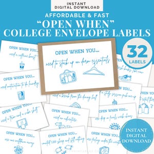 Peut inclure: Ensemble d'étiquettes d'enveloppes universitaires "Open When" avec des invites telles que "besoin d'un coup de caféine" et "besoin d'une aventure". Les étiquettes sont blanches avec du texte et des illustrations bleues. Le design comprend un fond bleu.