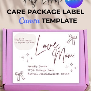 Coquette Bow Care Package Label: Love Mom College Shipping Label (Canva Template Digital Download