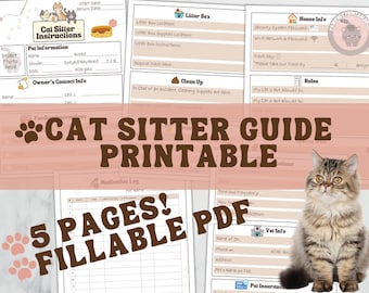 May include: A printable cat sitter guide with five pages, including sections for pet information, owner contact, feeding instructions, medication log, litter box details, house info, clean up, rules, and vet info. The guide features a pink and brown color scheme with paw prints and a cute cat illustration.