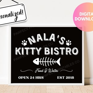Personalized Cat Food Sign, Cat Custom Art, Custom Sign for Cat Food Station, Cat Diner, Cat Decor, Cat Printable, Pet Feeding Station Sign