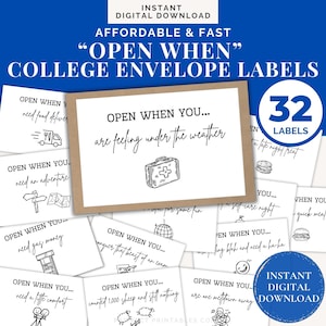 May include: A set of college envelope labels with the text "Open When" and various prompts. The labels are white with black text and illustrations, including a first aid kit, a map, and a hamburger. The image also includes a blue circle with the number 32.