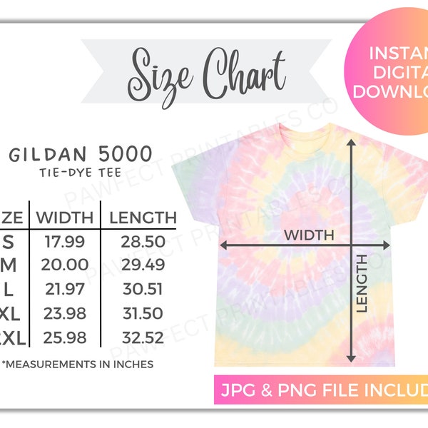 Gildan 5000 Size Chart, Gildan 5000 Tie Dye Mockup, Hazy Rainbow Tie Dye Mockup, Gildan 5000 Tie Dye Shirt, Tie Dye Tee Shirt Size Chart