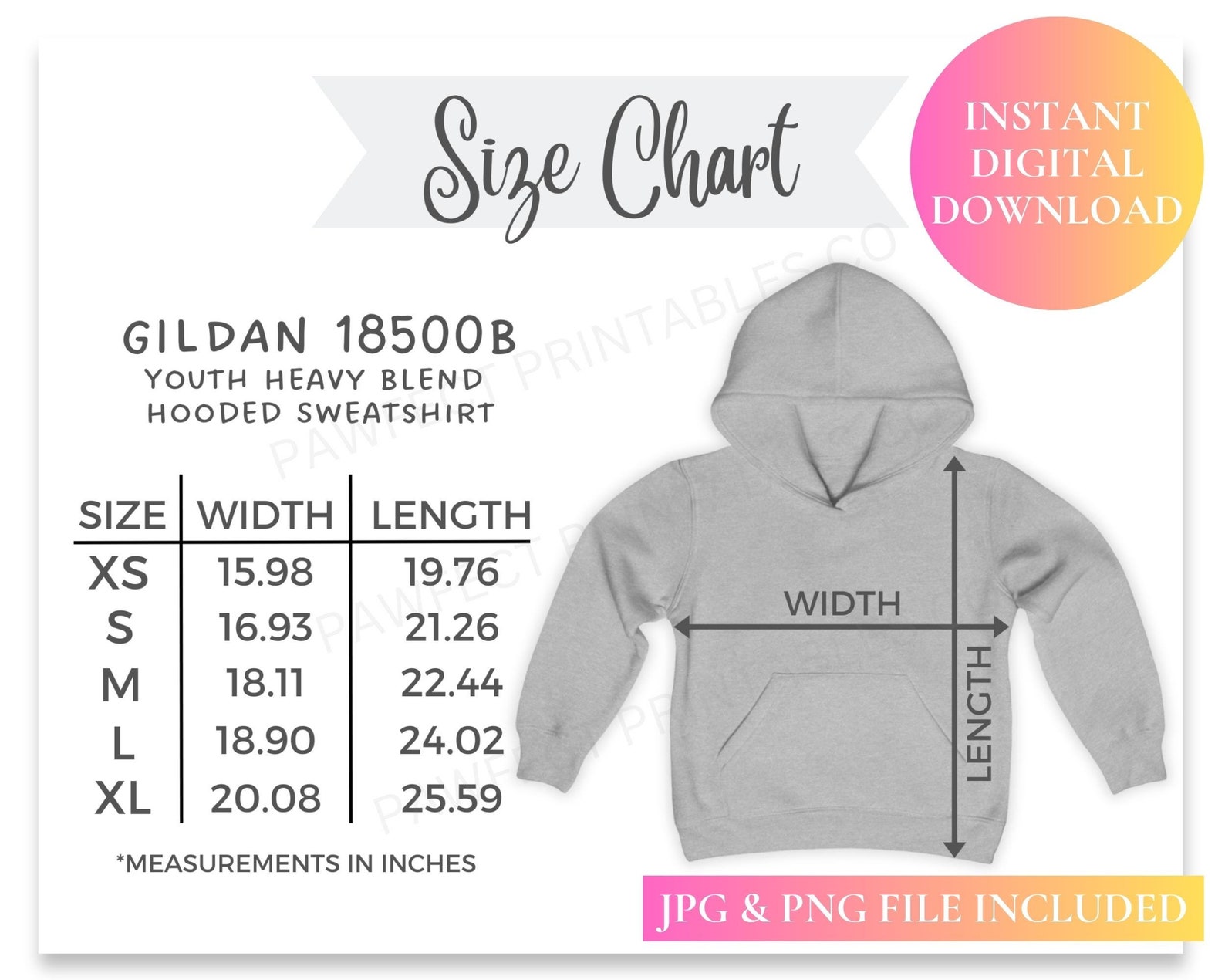 Gildan 18500B Size Chart, Gildan 18500B Mockup, Gildan Youth Sweatshirt
