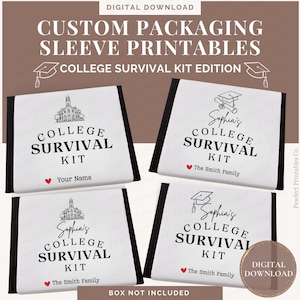 Stampabili per confezioni personalizzate, stampabili per kit di sopravvivenza per l'università, confezione regalo personalizzata per biglietti d'auguri, idee per pacchetti regalo per l'università