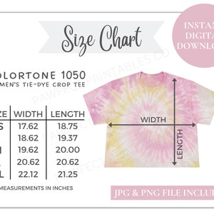 Colortone 1050 Women&#39;s Tie-Dye Crop Tee Size Chart, Colortone 1050, Tie Dye Shirt Size Chart, Tie Dye Crop Top, Tie Dye Crop Shirt Sizes