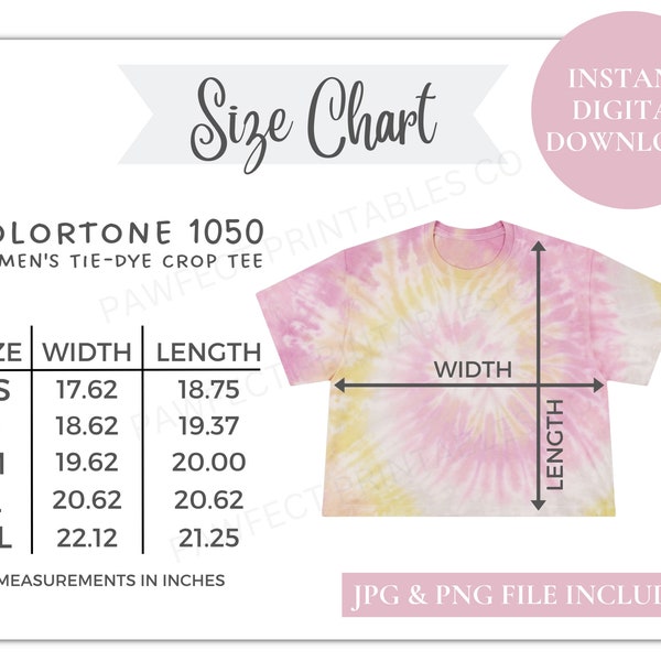 Colortone 1050 Women's Tie-Dye Crop Tee Size Chart, Colortone 1050, Tie Dye Shirt Size Chart, Tie Dye Crop Top, Tie Dye Crop Shirt Sizes